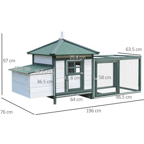 PawHut Gabbia per Galline Ovaiole in Legno, 196x76x97cm,Bianco e Verde