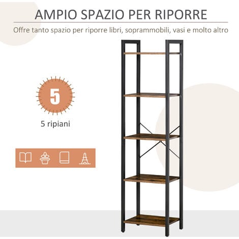 HOMCOM Mobile Libreria Stile Industriale a 5 Ripiani in Legno e Acciaio