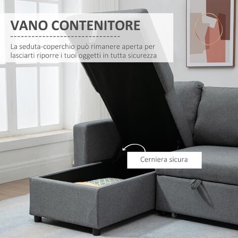 HOMCOM Divano Letto 3 Posti in Tessuto Grigio e Penisola con Vano Contenitore