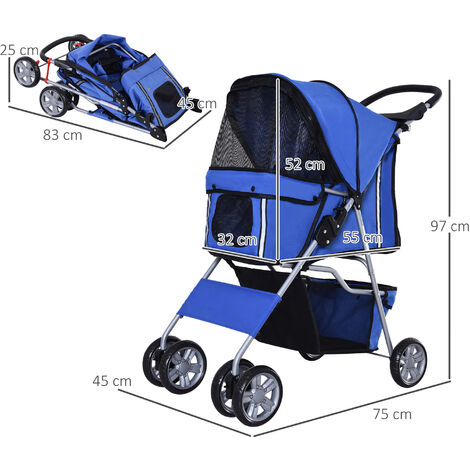 EASYCOMFORT Passeggino per Cani Pieghevole Carrello per Animali Domestici  Carrello Carrozzina Grigio 75 x 45 x 97cm