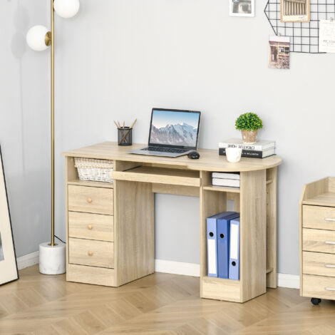 HOMCOM Scrivania PC da Ufficio con Ripiano Testiera in Legno e Scaffali Cassetti