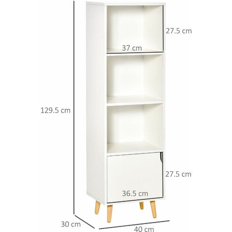 HOMCOM Scaffale Libreria con 3 Ripiani 1 Armadietto 40x30x129.5cm Legno Bianco