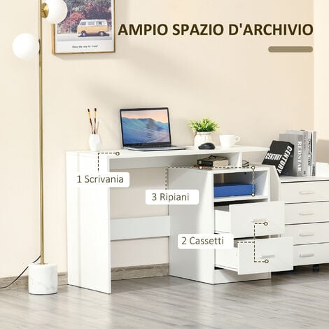 Scrivania pc ufficio studio casa cassettiera BIANCA computer gaming 138 X  60 X 74 cm 004605A