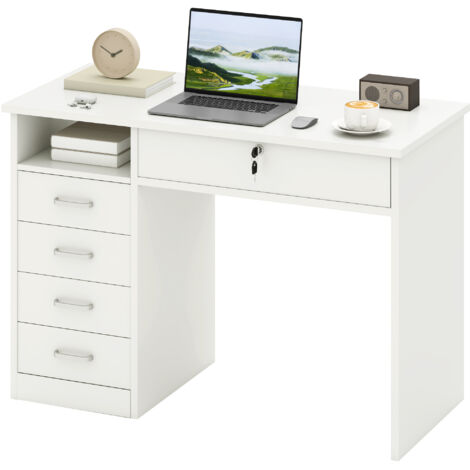 HOMCOM Scrivania per Computer in Legno con 5 Cassetti 110x50x76cm Bianco