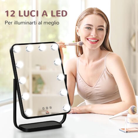 HOMCOM Specchio per Trucco con 12 Luci LED Luminosità Regolabile Inclinabile