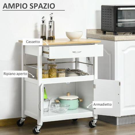 Carrello Da Cucina HOMCOM 2 Ripiani + Vassoio - Legno Di Pino E MDF Bianco, 4 Ruote Girevoli