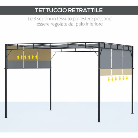 Outsunny Gazebo Pergola 3x3 m in Acciaio con Tettuccio Scorrevole e 8  Picchetti Inclusi, Grigio Scuro