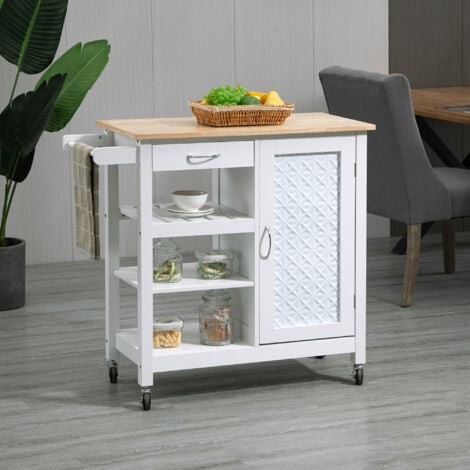 HOMCOM Carrellino per Cucina a 4 Ruote in MDF e Acciaio Bianco