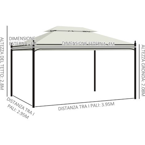 Outsunny Gazebo da Giardino 3x4m con 4 Tende Laterali e Doppio Tetto Crema