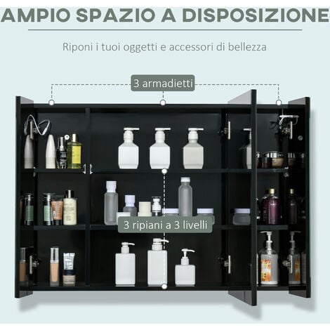 kleankin Specchio da Bagno con 3 Armadietti 3 Ripiani e Luce LED Nero