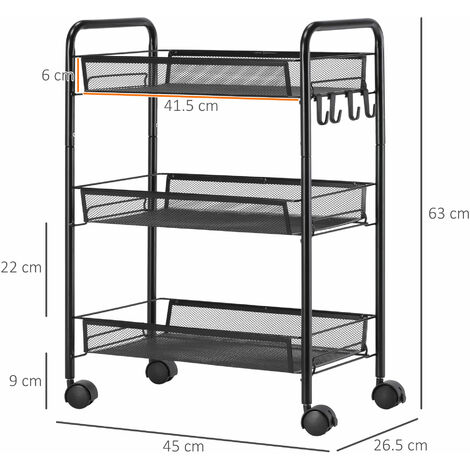 HOMCOM Carrello Portavivande a 3 Livelli e 4 Ruote in Acciaio e Plastica PP Nero
