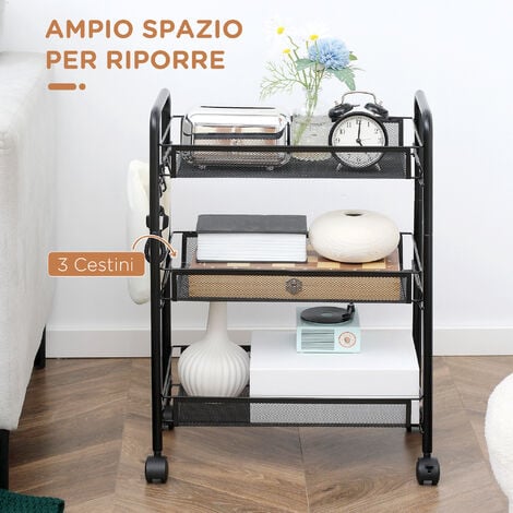 HOMCOM Carrello Portavivande a 3 Livelli e 4 Ruote in Acciaio e Plastica PP Nero