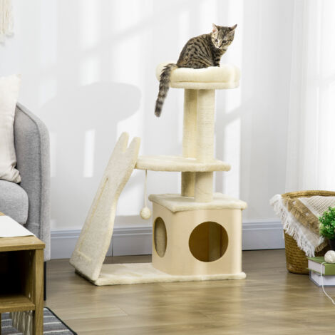 PawHut Tazzone Tiragraffi Con Grotta - Alto 30 Cm, In Sisal E Peluche, Per Gatti Fino A 5 Kg, Bianco Crema