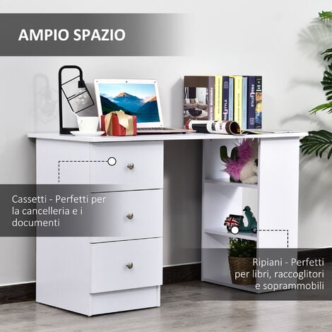 HOMCOM Scrivania per Camera e Ufficio Porta PC con Cassettiera e Ripiani Bianco