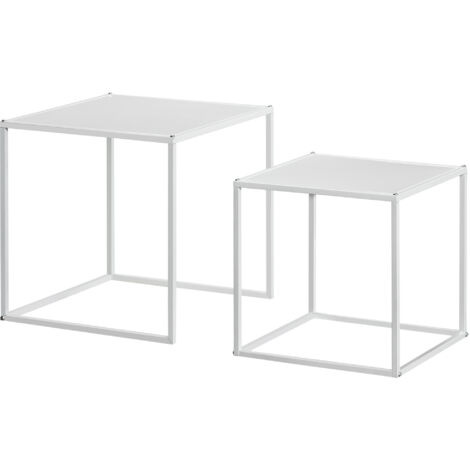 HOMCOM Set da 2 Tavolini da Salotto Impilabili Quadrati in Acciaio Bianco