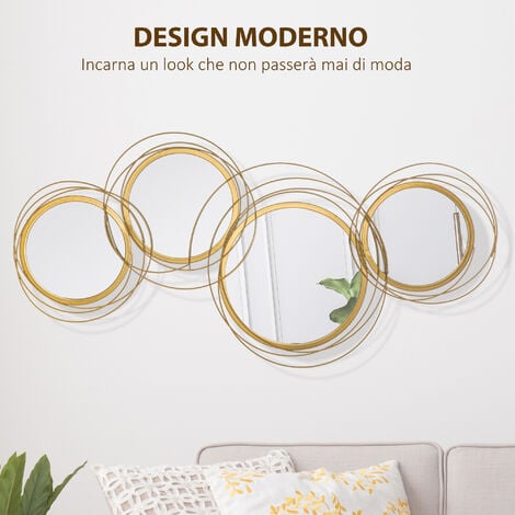 HOMCOM Wall Art 3D in Metallo, Decorazione Murale a Cerchi con Specchi 107x56cm