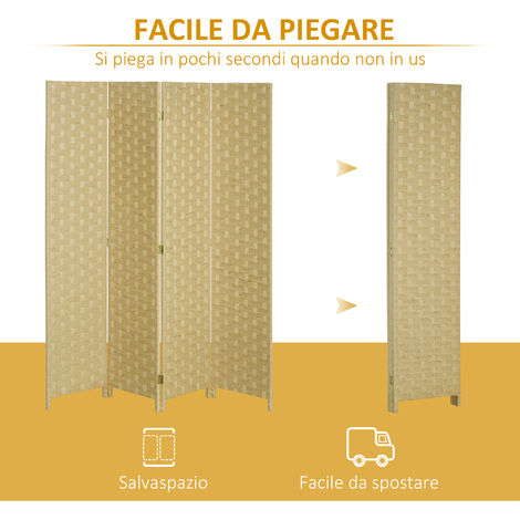 HOMCOM Separé da Interno in Legno e Bambù a 4 Ante Pieghevole Altezza 170cm