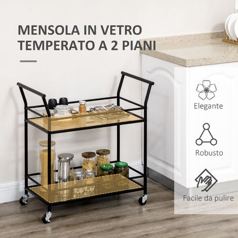 HOMCOM Carrello da Trasporto per Cucina e Sala da Pranzo con Piani in Vetro