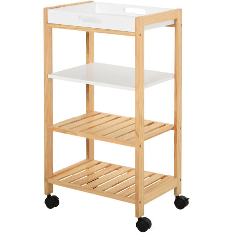 HOMCOM Carrello da Cucina in Legno a 4 Livelli con 4 Ruote Bianco e Marrone