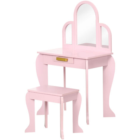 Toeletta Per Bambini Con Sgabello - Specchio Moderno E Cassetto, Legno, Rosa, 59x39x77 Cm - Foto 2