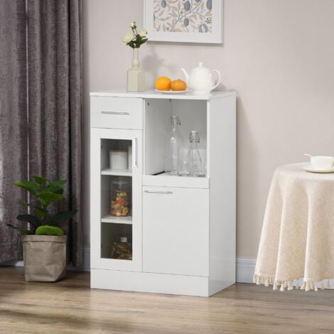 HOMCOM Credenza Cucina Moderna con Armadietti e Cassetto in Legno e Vetro Bianco