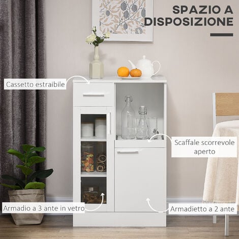 HOMCOM Credenza Cucina Moderna con Armadietti e Cassetto in Legno e Vetro Bianco
