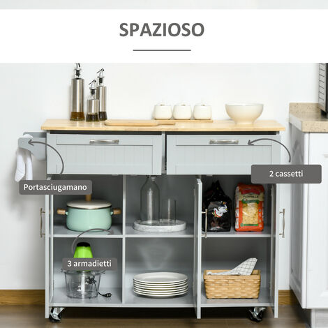 HOMCOM Carrellino per Cucina in Legno con Armadietti Cassetti 4 Ruote Grigio