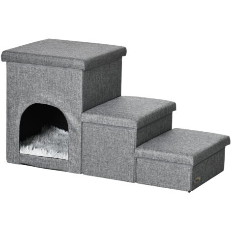 PawHut Scaletta per Cani e Gatti con Casa e Spazio Portaoggetti in MDF Grigio
