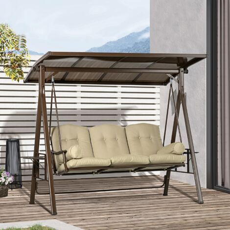Dondolo Da Giardino Outsunny 3 Posti Beige/marrone - Con Tettuccio Regolabile, Cuscini E Struttura Acciaio