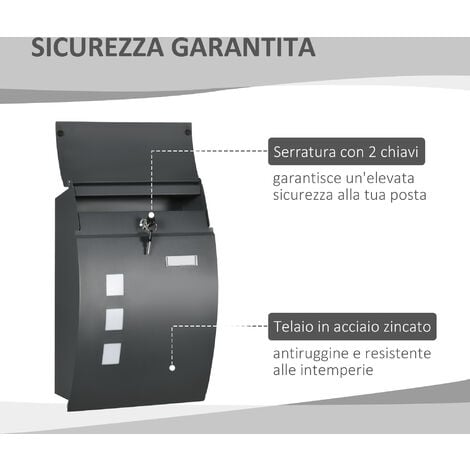 HOMCOM Cassetta Postale Ricurva in Acciaio Zincato con 3 Fessure e 2 Chiavi  di Sicurezza 45x10x32