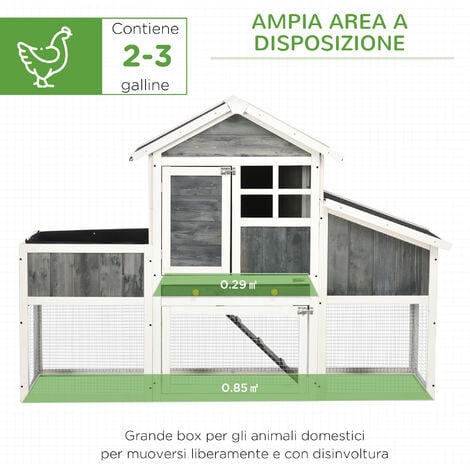 PawHut Pollaio per Galline in Legno con Casetta Area Aperta e Nido Grigio