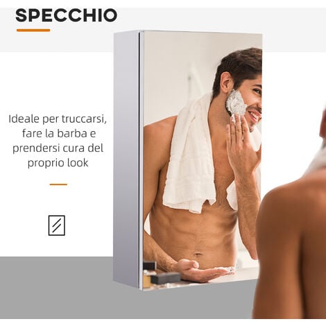 HOMCOM Armadietto Bagno in Acciaio con Specchio e Vano Contenitore 2 Ripiani