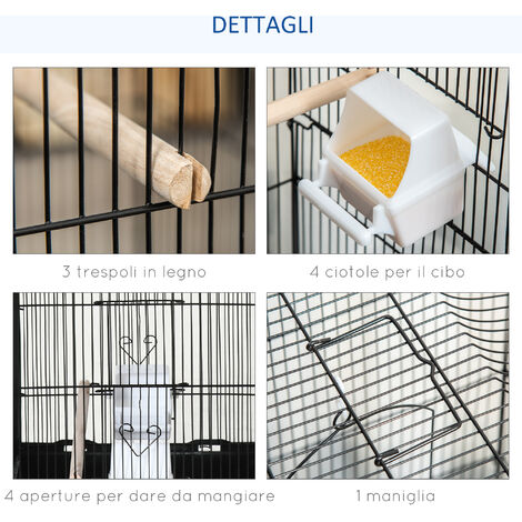 PawHut Gabbia per Uccelli con Trespoli Altalena e Ciotole Nera