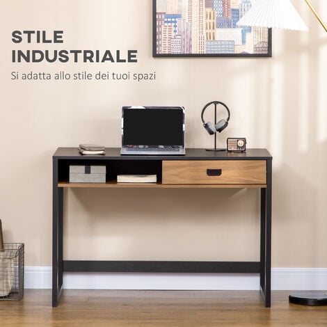HOMCOM Scrivania per Ufficio e Casa con Cassetto Stile Industriale Noce/Nero