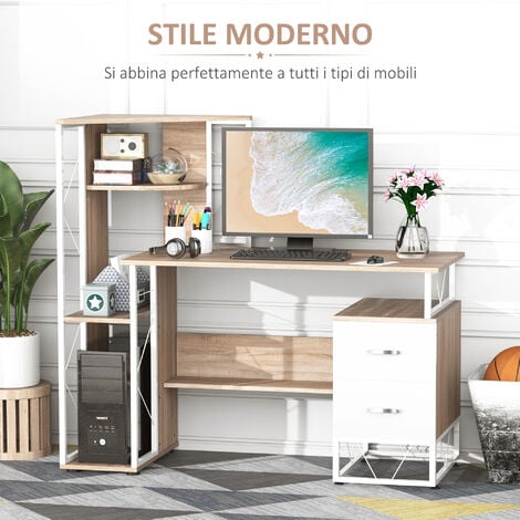 HOMCOM Scrivania Bianca in Legno con Cassetti e Libreria Salvaspazio per Camera