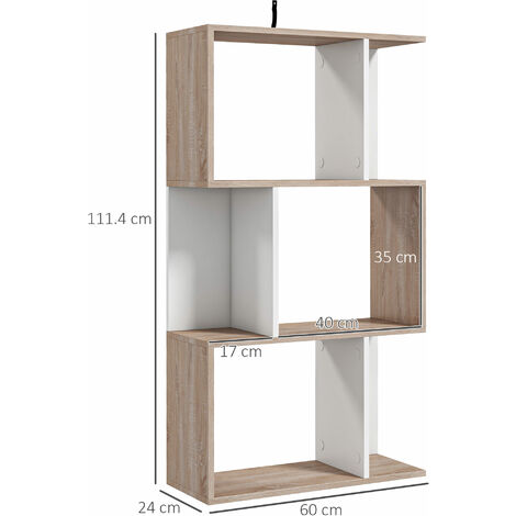 HOMCOM Libreria Design Moderno a 3 Ripiani 60x24x111.4cm Bianco e Legno Naturale