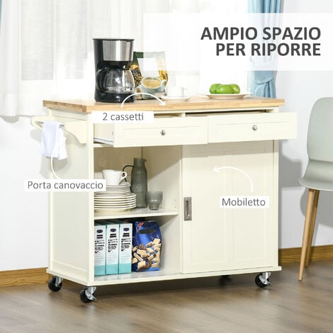 HOMCOM Carrello da Cucina a 4 Ruote in Legno e MDF per Utensili e Asciugamani