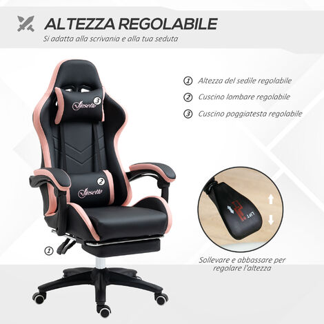 Vinsetto Sedia da Gaming Rosa e Nero con Altezza Regolabile e Schienale  Reclinabile, 65x65x121-129 cm