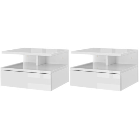 HOMCOM Set 2 Comodini Sospesi in Legno con Cassetto e Mensola Bianco Lucido (1/5)