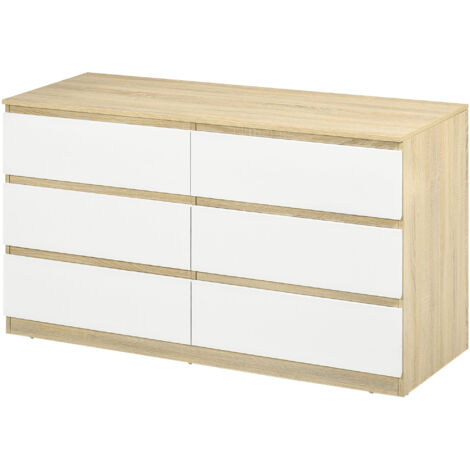 HOMCOM Cassettiera 6 Cassetti Moderna in Legno 135x48x77cm Bianco e Legno