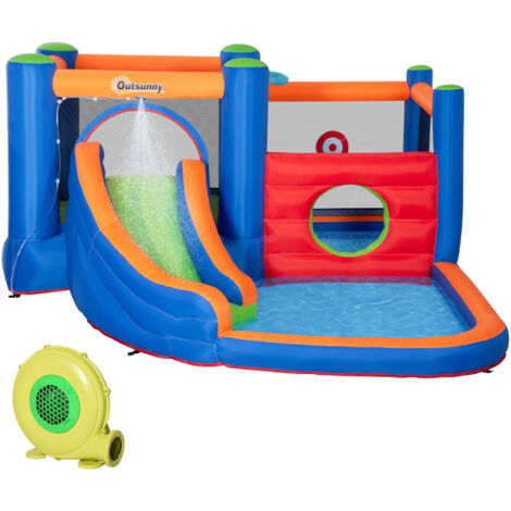 Outsunny Castello Gonfiabile Bambini 3-8 Anni con Piscina, Scivolo e Trampolino