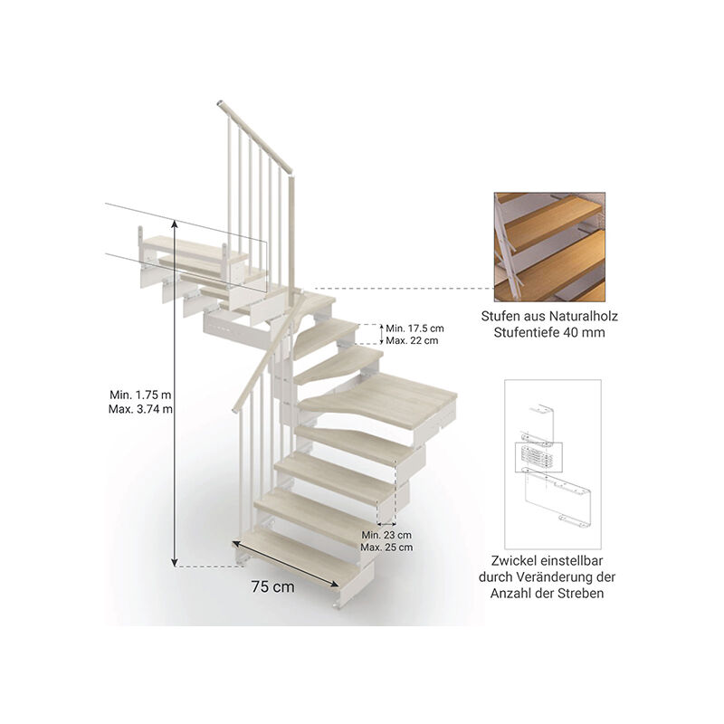 gewundene Treppe Breite 94cm, silbergraues Metall und Holz naturfarbig, 11  Stufen + Podest - COMPO75/U/BB/RV/10