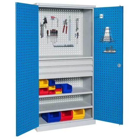 Werkstattschränke, perforiert - 3 Schubladen und 2 Regale - Blau und grau - W030080004-GCBI (1/3)