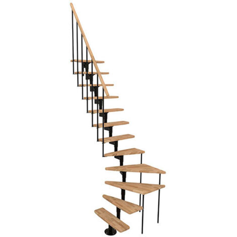 Viertelgewendelte Treppe 12 Stufen - erreichbare Höhe 2.06 bis 2.81m - Schwarze Struktur und Buchenfarbene Stufen - JOKER-L-SNMHET-12