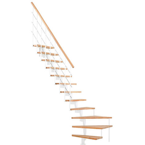 Viertelgewendelte Treppe 12 Stufen - erreichbare Höhe 2.06 bis 2.81m - Weiße Struktur und Buchenfarbene Stufen - STYLE-L-SBMHET-12