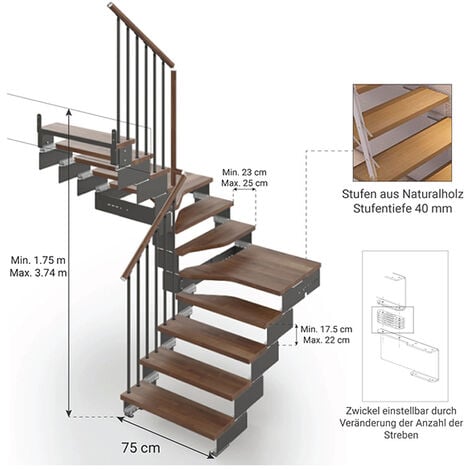 gewundene Treppe Breite 94cm, Nussbaum und Schwarz geprägt, 12 Stufen und  Podest - COMPO75/U/NA/RV/11