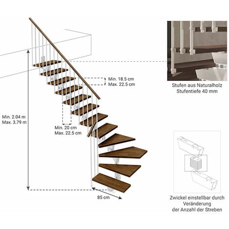 viertelgewendelte Treppe - Breite 85cm - 12 Stufen - KNOCK85/L/BB/RV/12