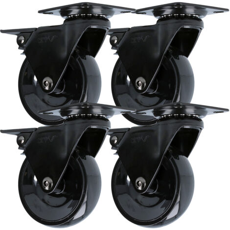 4er Pack Hartboden-Möbelrolle Design Lenkrolle Schwarz 75mm mit Feststellbremse