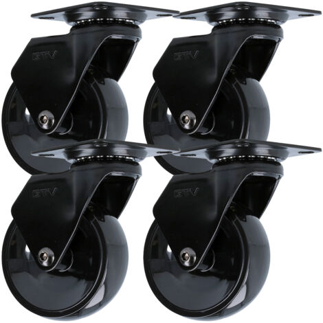 4er Pack Hartboden-Möbelrolle Anschraubplatte Design Lenkrolle Schwarz 75mm