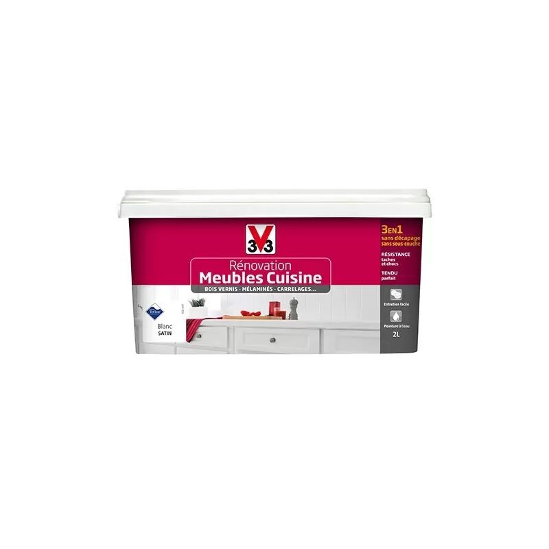 V33 Rénovation Meubles Cuisine (Bois vernis-Mélaminés-Stratifiés) Satin Blanc 2 L